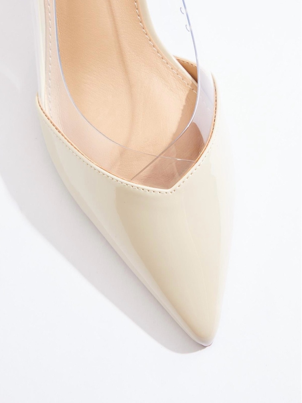 Sleek Pointed Faux Patent Pump with Clear Strap in Cream kitten 2 inch heel